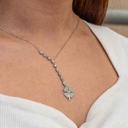 Sequential Zircon Stone Clover Women's Silver Necklace