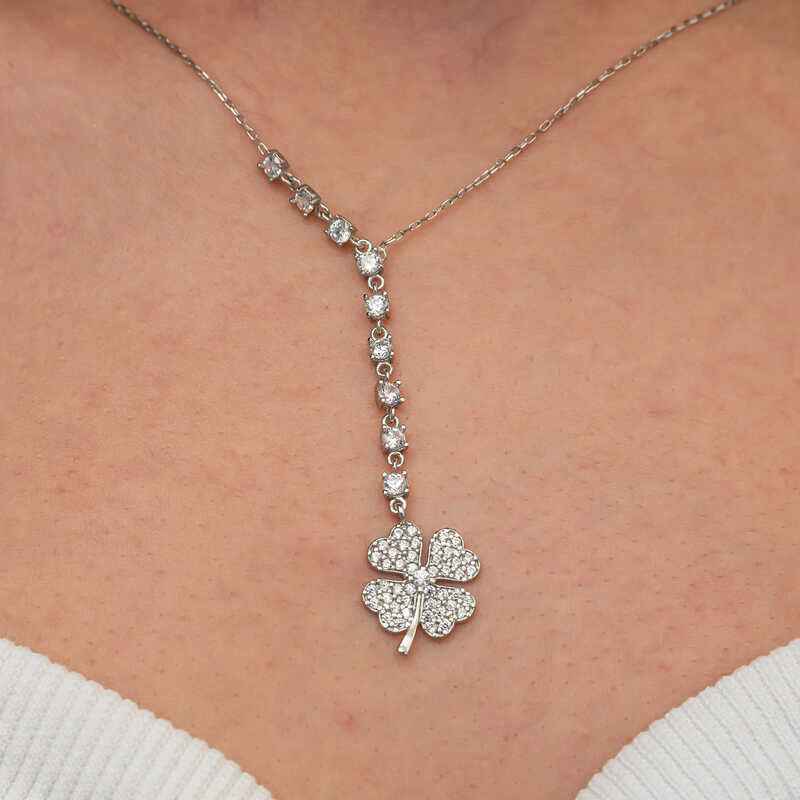 Sequential Zircon Stone Clover Women's Silver Necklace