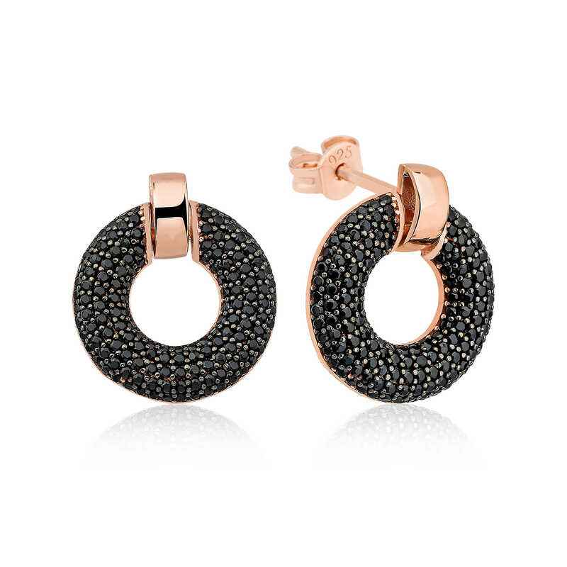 Black Multi-Stone Circle Women's Rose Plated Silver Earrings