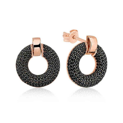 Black Multi-Stone Circle Women's Rose Plated Silver Earrings