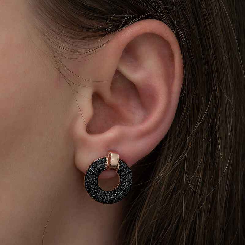Black Multi-Stone Circle Women's Rose Plated Silver Earrings