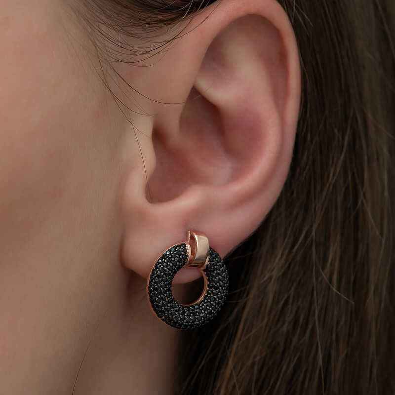 Black Multi-Stone Circle Women's Rose Plated Silver Earrings