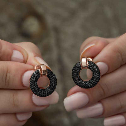 Black Multi-Stone Circle Women's Rose Plated Silver Earrings