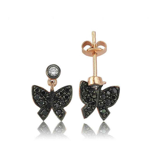 Black Butterfly Stud Women's Rose Plated Silver Earrings