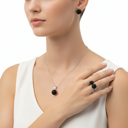 Schwarzes Kristall-Silberset für Damen