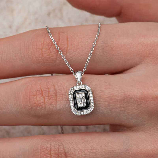 Black Enamel Baguette Women's Silver Necklace