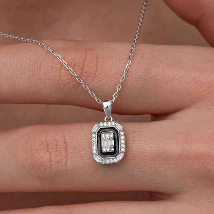 Black Enamel Baguette Women's Silver Necklace