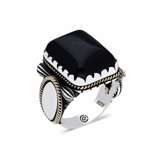 Black Onyx Zircon Stone Square Men's Silver Ring