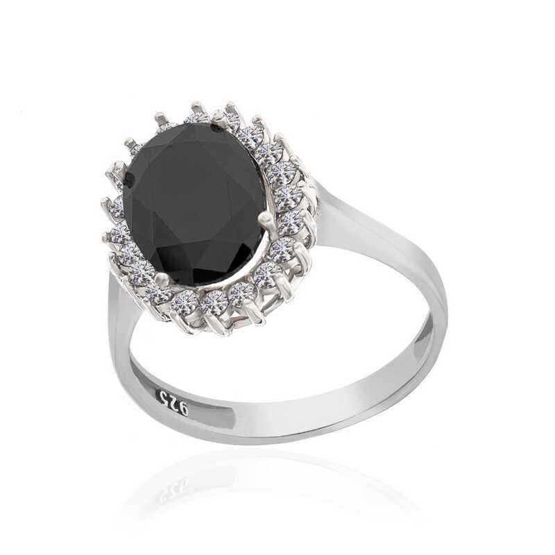 Black Stone Oval Women's Silver Ring