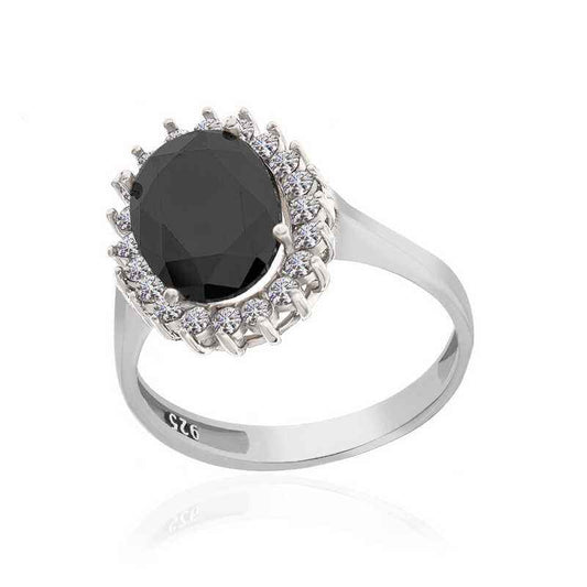 Black Stone Oval Women's Silver Ring
