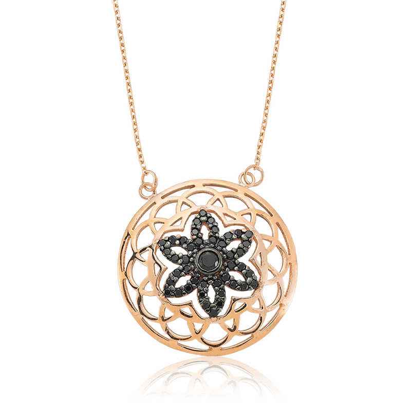Black Flower of Life Women's Rose Gold Plated Silver Necklace