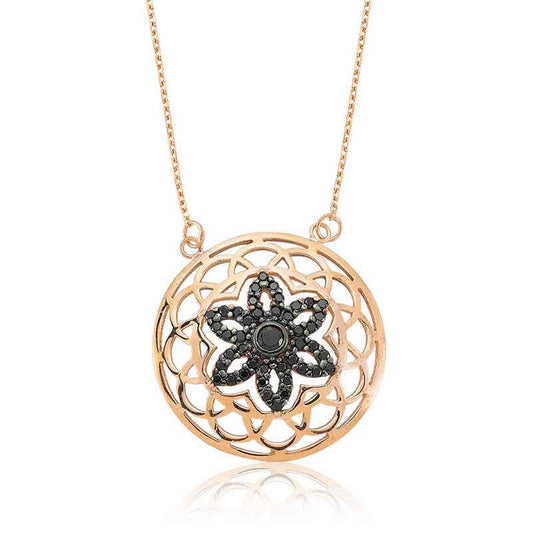 Black Flower of Life Women's Rose Gold Plated Silver Necklace