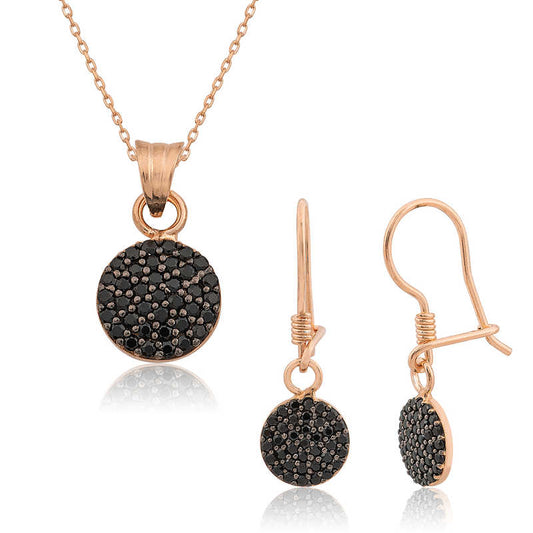 Ensemble de bagues rondes noires en argent plaqué rose pour femme