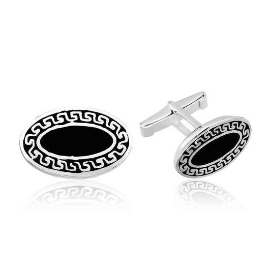 Black Patterned Oval Silver Cufflink