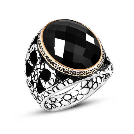 Black Zircon Stone Men's Silver Ring