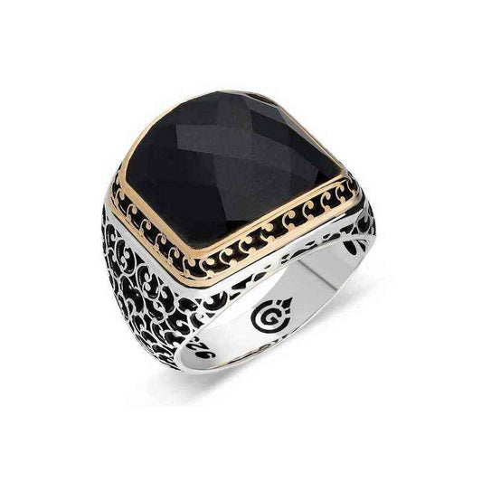 Black Zircon Stone Men's Silver Ring
