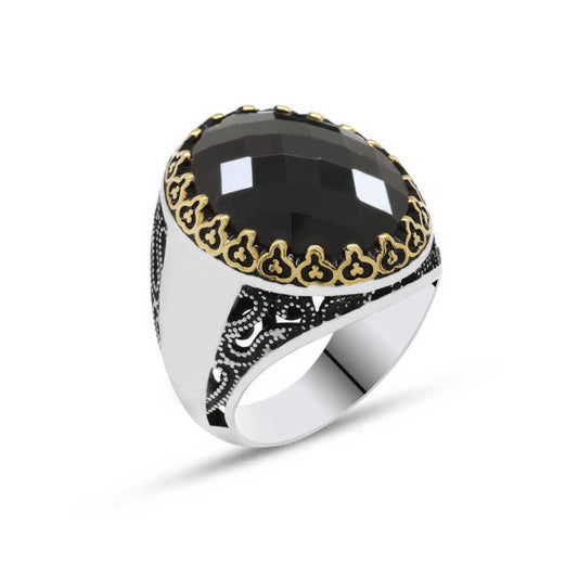 Black Zircon Stone Men's Silver Ring