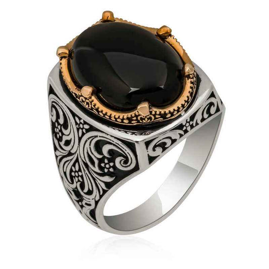 Black Zircon Stone Men's Silver Ring