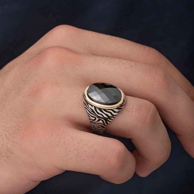 Black Zircon Stone Men's Silver Ring