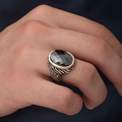Black Zircon Stone Men's Silver Ring