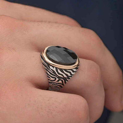 Black Zircon Stone Men's Silver Ring