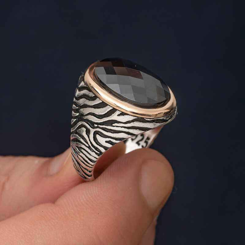 Black Zircon Stone Men's Silver Ring