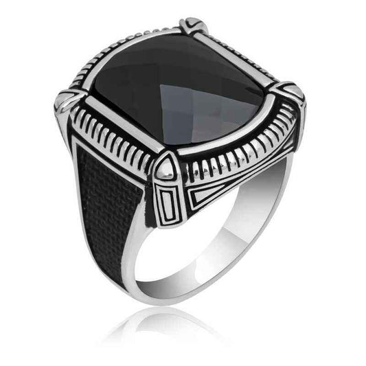 Black Zircon Stone Men's Silver Ring