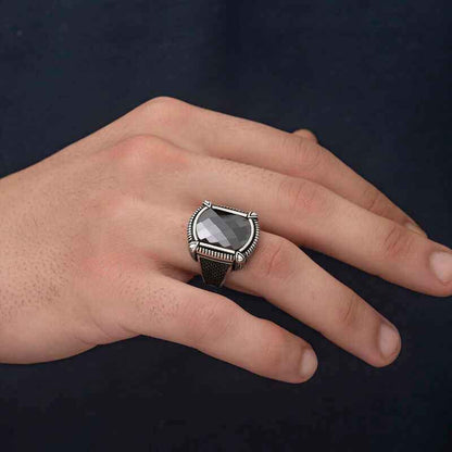 Black Zircon Stone Men's Silver Ring