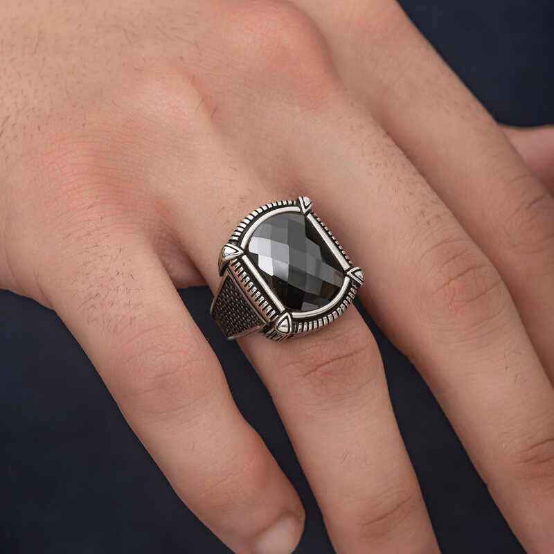Black Zircon Stone Men's Silver Ring