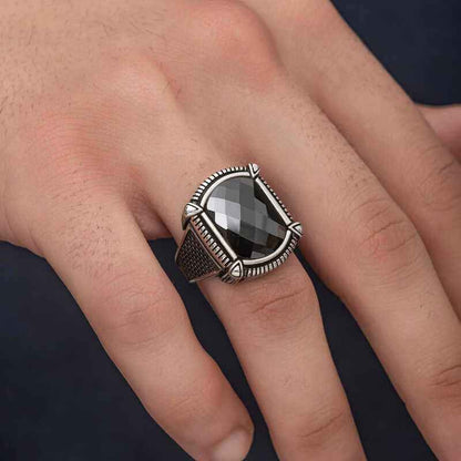 Black Zircon Stone Men's Silver Ring