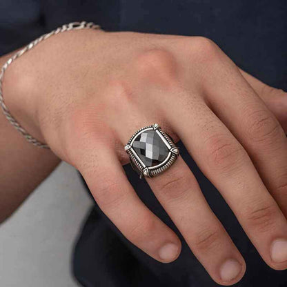 Black Zircon Stone Men's Silver Ring
