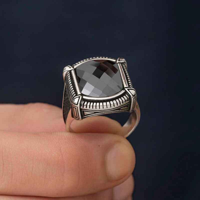 Black Zircon Stone Men's Silver Ring