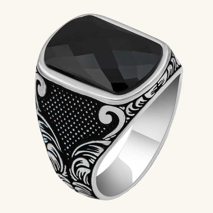 Black Zircon Stone Square Men's Silver Ring