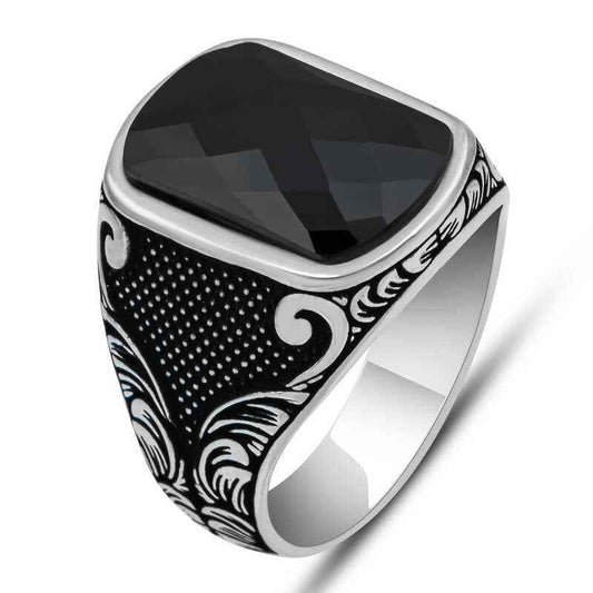 Square Black Zircon Stone Men's Silver Ring