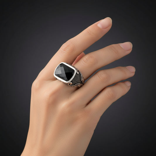 Black Zircon Stone Square Men's Silver Ring