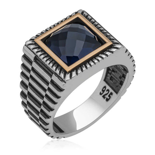 Black Zircon Stone Square Men's Silver Ring