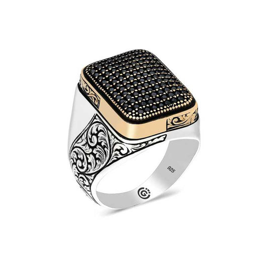 Black Zircon Stone Square Men's Silver Ring