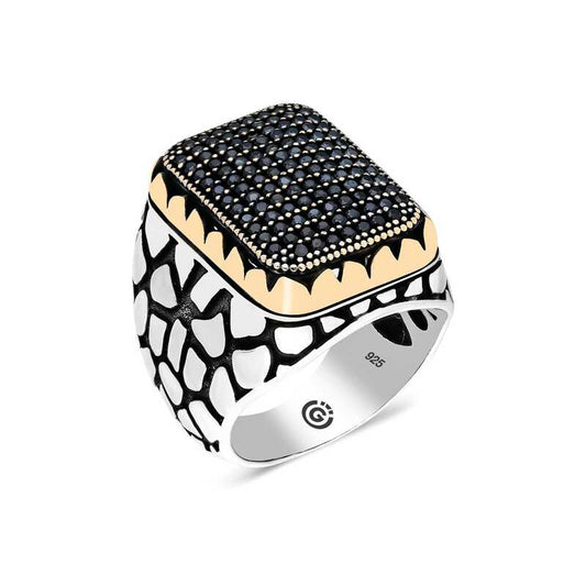 Black Zircon Stone Square Men's Silver Ring