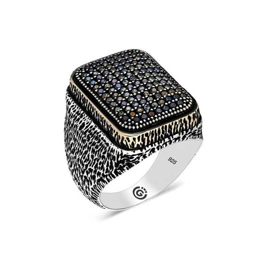 Black Zircon Stone Square Men's Silver Ring