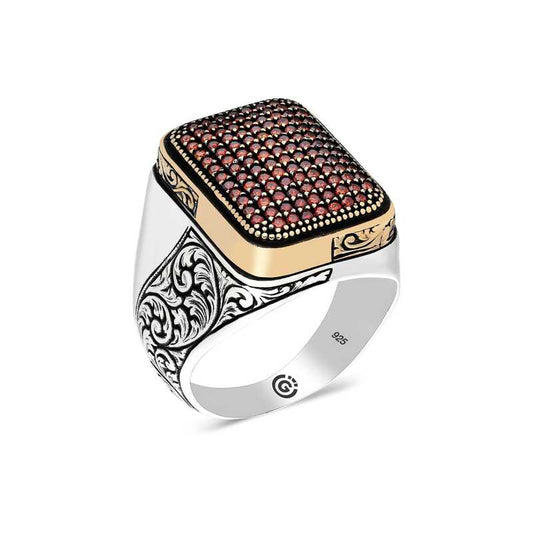 Red Zircon Stone Square Men's Silver Ring