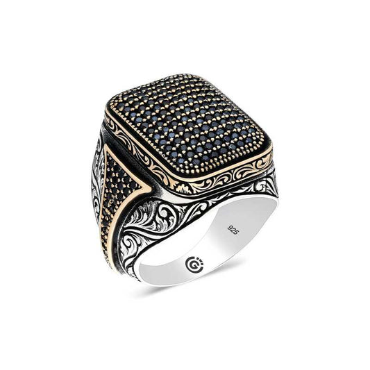 Black Zircon Stone Square Men's Silver Ring
