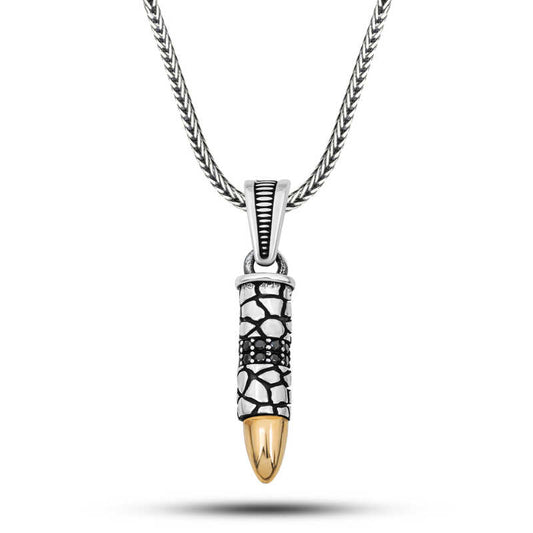 Black Zircon Stone Bullet Men's Silver Necklace