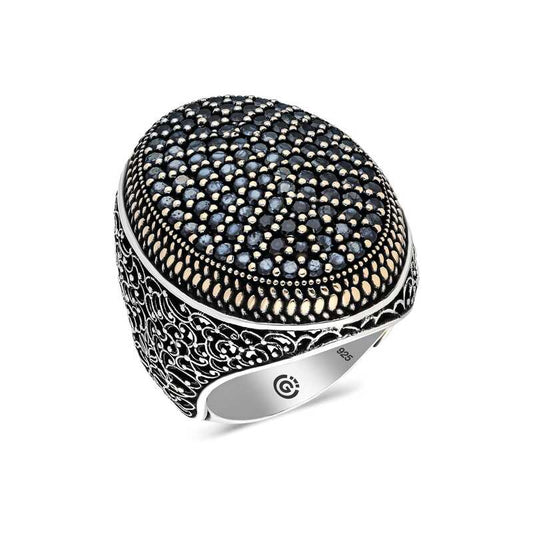Black Zircon Stone Oval Men's Silver Ring
