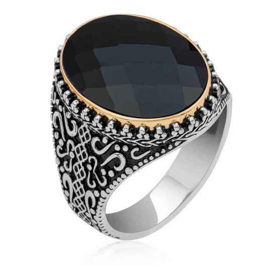 Black Zircon Stone Oval Men's Silver Ring