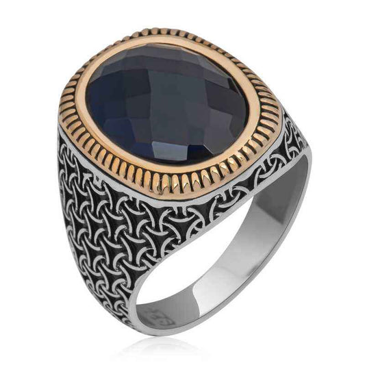 Black Zircon Stone Oval Men's Silver Ring