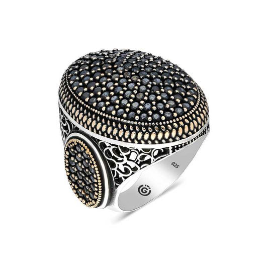 Black Zircon Stone Oval Men's Silver Ring