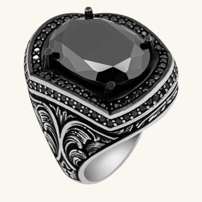 Black Zircon Stone Oval Men's Silver Ring