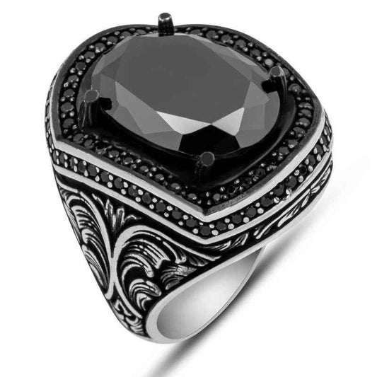 Black Zircon Stone Oval Men's Silver Ring