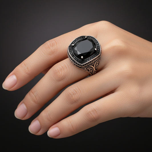 Black Zircon Stone Oval Men's Silver Ring