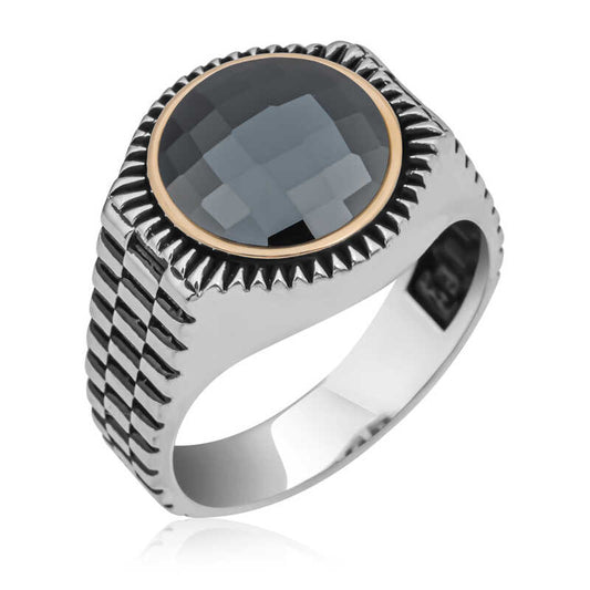 Black Zircon Stone Round Men's Silver Ring